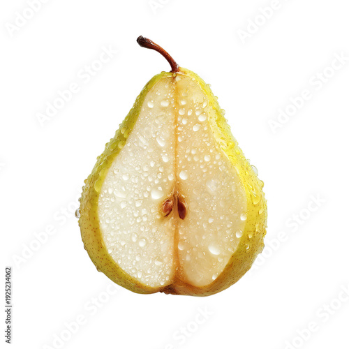 PNG of Freshly cut pear with droplets, showcasing its vibrant green skin and juicy interior.