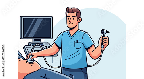 Doctor performs ultrasound scan on patient with medical equipment in clinic