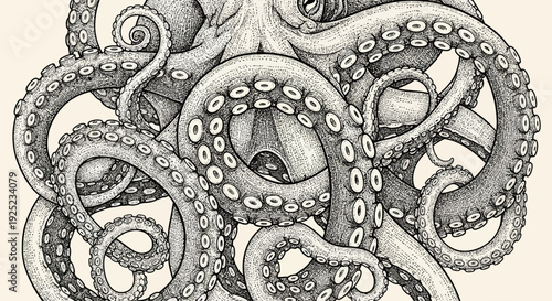 octopus illustration, detailed tentacles, black and white art