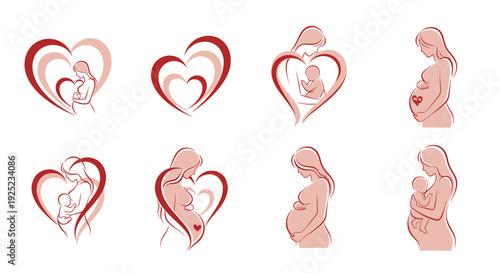 Mother and baby love icons set with heart shapes and pregnancy silhouettes, maternal care symbols collection, breastfeeding and parenting concept, family love illustration, minimalist vector design pa