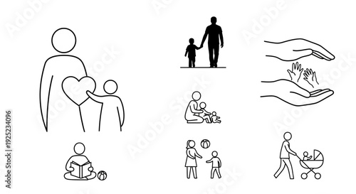 Diverse family moments depicted with simple, heartwarming line art icons symbolizing love and care.