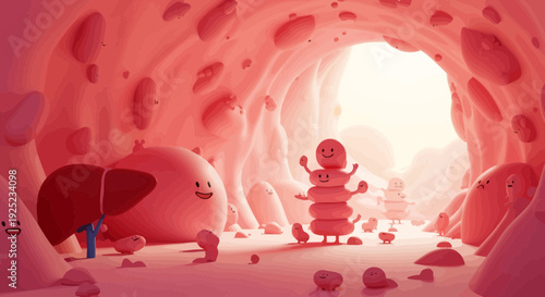 cartoon digestive system, human body, inside view, health concept