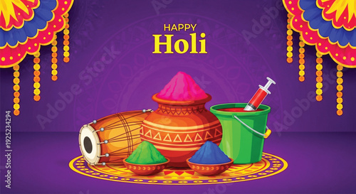 A vibrant illustration for happy holi festival with traditional drums, colorful powders in pots, and water gun on a purple background.