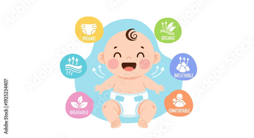 Cute baby with milestone icons around, infant development stages illustration, newborn growth tracking concept, child development symbols, parenting and childcare progress design, colorful cartoon bab