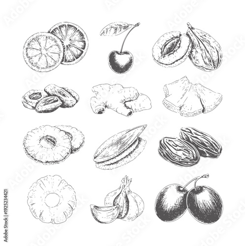 Sepia toned of assorted fruits and vegetables orange cherry