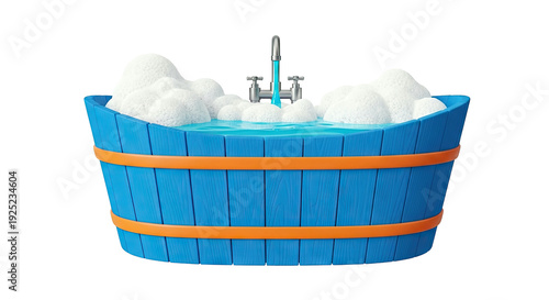Blue wooden tub filled with water and foam, with a silver faucet