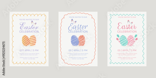 Minimal Easter Invitation Flyer Set Vector Template. Happy Easter Day Celebration Card