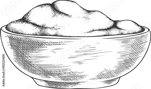 Hand-drawn black and white sketch of a bowl filled with sauce, puree, powder, spices, or cream.