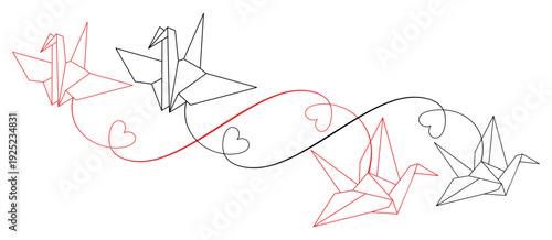 Line drawing of origami paper crane with heart 2.eps