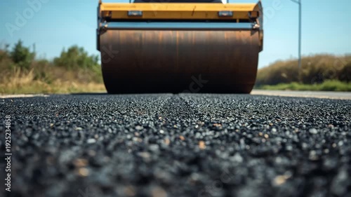 Road roller compacting fresh asphalt surface viewed from low angle showing texture and construction detail