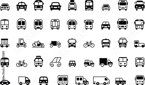 Transportation icon set with cars, buses, trucks, taxis, bicycles and vans, public transit vehicle silhouettes vector collection isolated for map and navigation design