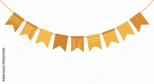 Decorative garland of orange and yellow pennant flags with striped patterns strung on a line, ideal for festive decorations, parties, and celebrations