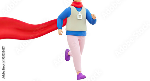 3D Cartoon Character Running with Red Cape and Vest