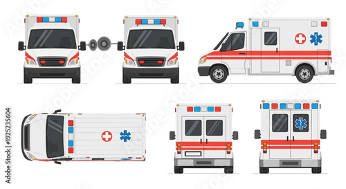 Ambulance vehicle set in multiple views, emergency medical transport illustration, healthcare rescue van design, front side top rear views, paramedic service concept, flat vector emergency vehicle col