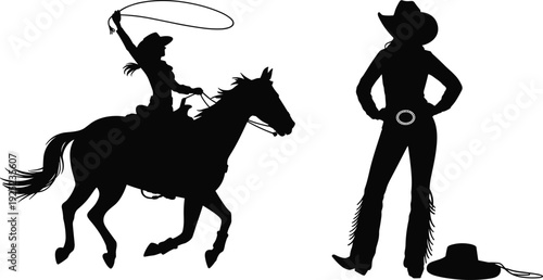 Western cowgirl silhouette with horse and lasso, female cowboy vector illustration set isolated for rodeo design, ranch branding, country graphics and wild west theme