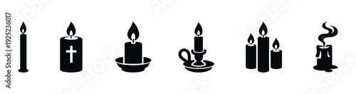 Collection of candle icons in various forms, including a cross candle and melting wax, suitable for religious iconography, memorial tributes, and peaceful ambiance designs.