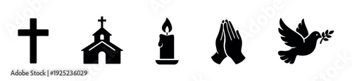 Collection of essential Christian and spiritual symbols including a cross, church, candle, praying hands, dove, and halo, ideal for religious content, memorial designs, or faithbased