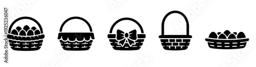 A collection of stylized baskets with handles and some holding eggs, ideal for various holiday projects and festive graphic resources.