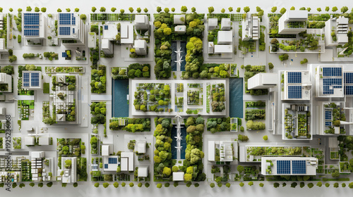 top-down view of sustainable smart city model with solar panels, miniature eco-friendly urban architecture with green roofs, futuristic green city planning with wind turbines