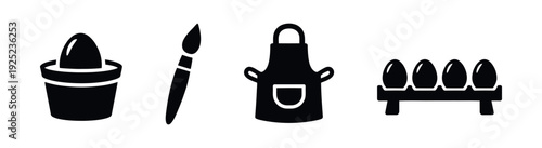 Graphic symbols representing essential items for egg decorating, including an egg in a cup, a paintbrush, an apron, and eggs in a carton, useful for spring holiday craft projects or food