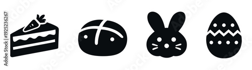 A delightful collection of popular holiday symbols including a carrot cake slice, a hot cross bun, a cute bunny head, and a decorated Easter egg, perfect for spring holiday marketing and