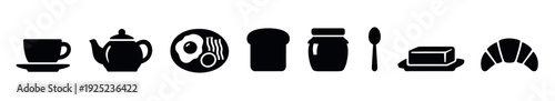 Essential breakfast and brunch silhouettes including coffee, tea, fried egg, bacon, bread, jam, butter, croissant, and spoon for menu designs, food blogs, or culinary branding projects