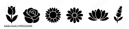 Set of elegant botanical flower icons including tulip rose sunflower daisy lotus and lavender perfect for graphic design web assets and print media applications