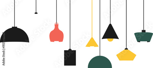 Modern minimalist pendant lamp illustration set with colorful hanging ceiling lights in geometric shapes isolated on white background for interior lighting design