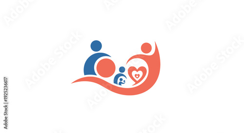 Family healthcare logo with parents and child icon, medical care symbol, happy family protection concept, health insurance emblem, caregiving support design, modern abstract people logo illustration