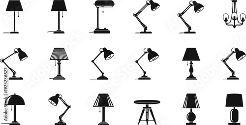 Table lamp and desk light icon set with modern classic and adjustable lighting silhouettes isolated on white background for interior design projects