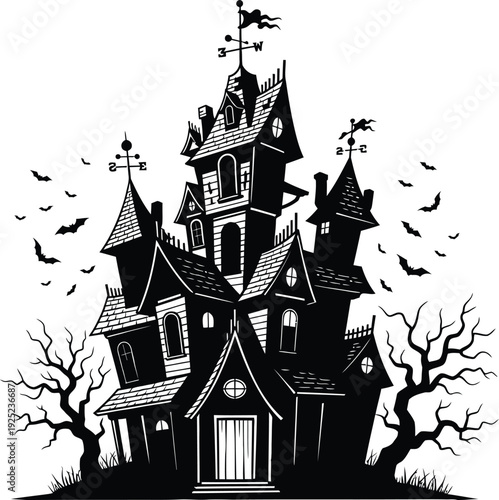 A spooky haunted house with turrets and bats on a white background