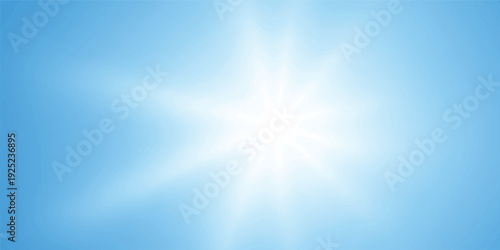 Abstract blue background with bright sunlight rays and glowing summer clouds creates a heavenly nature design featuring a burst of sunshine in a clear sky illustration