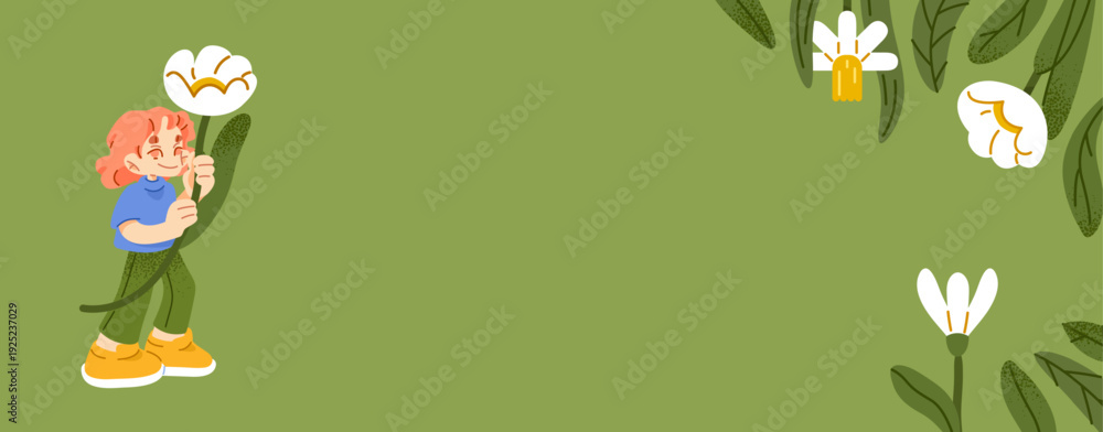 © pepiyoinlo - Horizontal banner with a young girl holding a large leaf among spring flowers. The main focus is a botanical nature scene with open space for text.