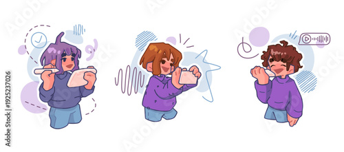 Set of three young characters using mobile devices. The main focus is digital creation, photo capture and voice messaging as part of modern communication workflow.
