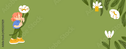 Horizontal banner with a young girl holding a large leaf among spring flowers. The main focus is a botanical nature scene with open space for text.