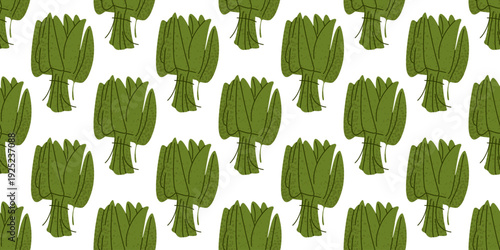 Seamless pattern with stylized lettuce and leafy vegetables. The main focus is a fresh organic food motif inspired by harvest season.