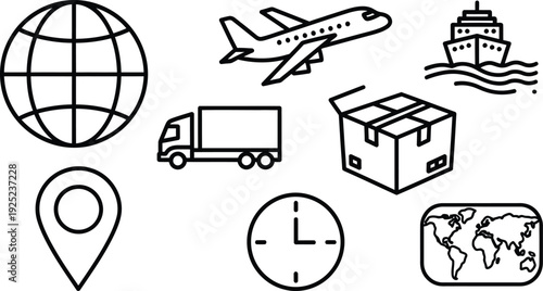 Icon bundle for logistics and transportation concepts featuring globe airplane lighthouse truck box location pin clock and world map