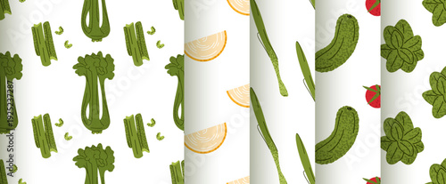 Set of seamless vegetable patterns featuring celery, onion, cucumber, tomato and parsley. The collection presents fresh farm ingredients arranged in vertical repeat designs.