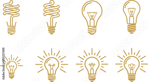Light bulb icon illustration set with energy saving and glowing idea symbols in elegant gold line style for innovation creativity and smart concept design