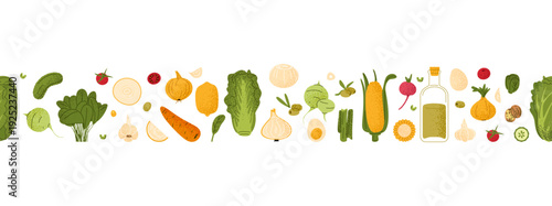 Seamless horizontal border featuring assorted vegetables, herbs and cooking ingredients. Hand illustrated carrot, cucumber, onion, lettuce and oil bottle form a continuous food themed strip.