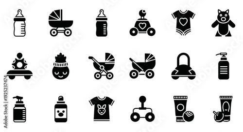 Collection of charming baby icons and illustrations for nursery and childhood themes.