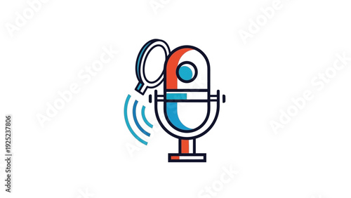 Voice search and podcast listening concept with microphone and magnifying glass icon.