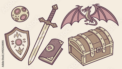 Fantasy RPG Game Assets Treasure Chest Sword Shield Magic Book Dragon Icon Set for Adventure Web Design
