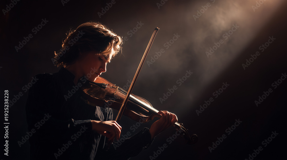 Fototapeta premium young male classical violinist playing violin under spotlight on dark stage, professional musician performing emotional solo concert in dramatic lighting