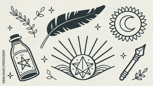 Mystical Esoteric Alchemy Symbols for Witchcraft Tarot Design Spiritual Branding Occult Tattoo Art Vector