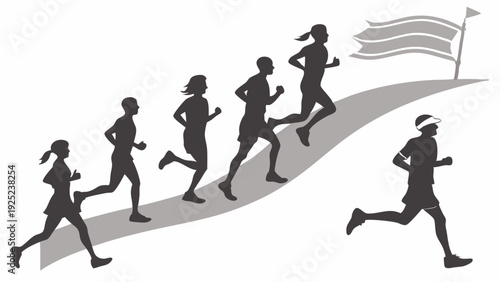Silhouetted Runners Ascending Winding Road Towards Finish Line Flag for Fitness Goal Achievement and Competition Success
