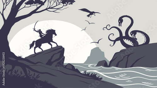 Epic Hero Rider Confronts Giant Sea Serpent Monster on Rocky Coastline Fantasy Adventure Illustration for Gaming Book Covers