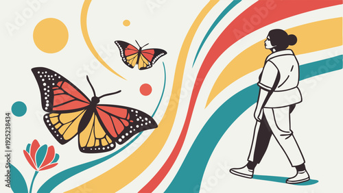Woman Walking Towards Bright Abstract Waves with Butterflies for Wellness Health Journey Growth Metaphor Illustration