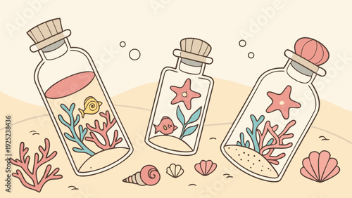Cute Sea Life Message in Bottle Illustration for Vacation Invitations Summer Beach Party Design Elements