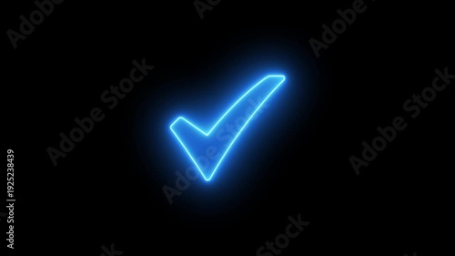Cyan Check mark icon neon light Black background